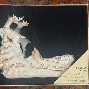 Vintage Classic Noel Porcelain Reindeer and Sleigh Set with 24k Gold Accents NIB